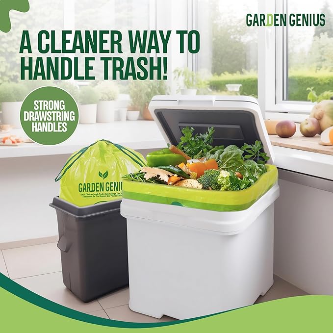 Biodegradable 13-17 Gallon Code-Q Trash Bags (50 Pack) | Strong Heavy-Duty Tall Green Kitchen Bags w/Drawstring | Fits Simplehuman & Standard Cans | Eco-Friendly D2W, 30 Micron Thick | 25.6" x 33.5"