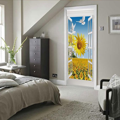 A.Monamour 3D Door Stickers for Interior Doors Sunflower Field and Pigeon View from The Open Window Vinyl Waterproof Self Adhesive Door Mural Decals for Bedroom Office Bathroom 95x215cm