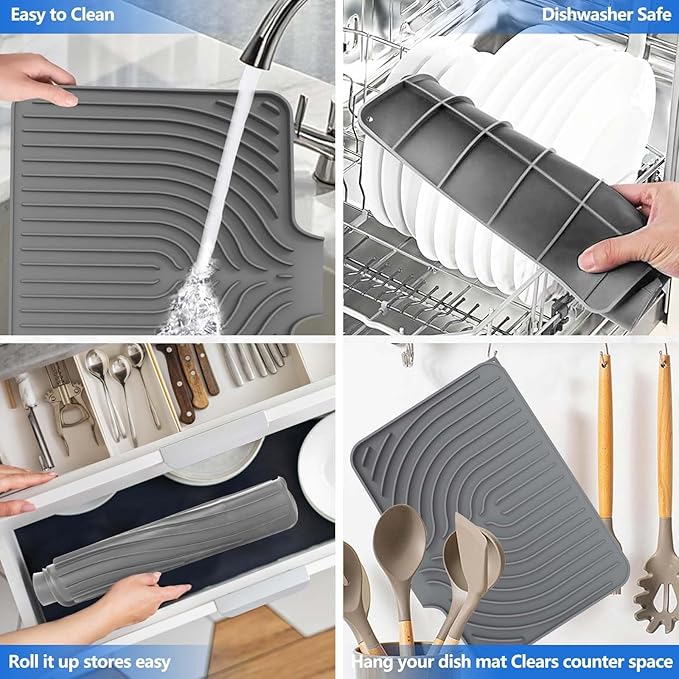 Silicone Sponge Holder for Kitchen Sink With Drain Spout, Self Draining, Kitchen Soap Tray, Bathroom Organizer, Sink Caddy, Perfect for Dispenser, Scrubber, Bottle, Cup on Counter (Gray, 15×10)