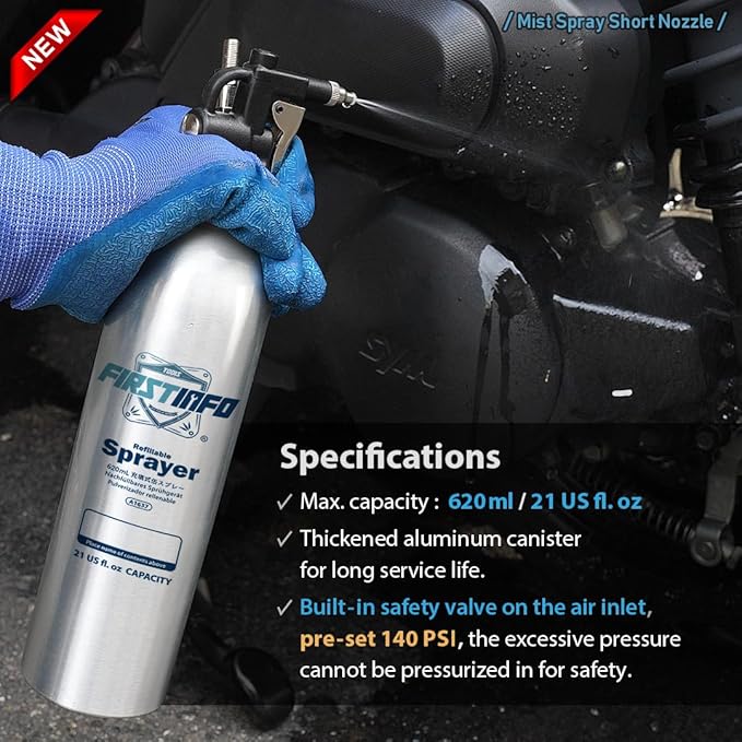 FIRSTINFO A1637 (3rd Gen) Patented Lightweight Max. Pressure 140psi / 620ml Thickened Aluminum Canister Refillable Aerosol Spray Can | Compressed Air Sprayer | Wide Mist Spray Only