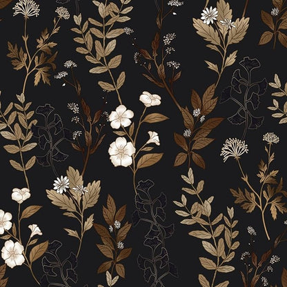 Fvlow Black Floral Wallpaper Peel and Stick Gold Leaf Contact Paper 17.4" x 118" Leaf Wallpaper Waterproof Self-Adhesive Wall Covering for Bedroom Countertop Desk Cabinets Decor