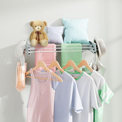Wall Mounted Clothes Drying Rack for Laundry 23.6", Folding Clothes Drying Rack with 4 Towel Hooks and 4 Rods for Hanging Coat Dedicates, Space Saving for Bedroom Bathroom Balcony Living Room (23.6'')
