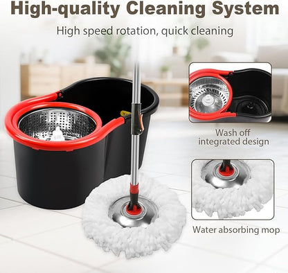 Spin Mop and Bucket with Wringer Set, 360° Spinning Mop and Bucket System with 3 Microfiber Mop Replacement Heads and 51" Stainless Steel Adjustable Handle for Mop Floor Cleaning