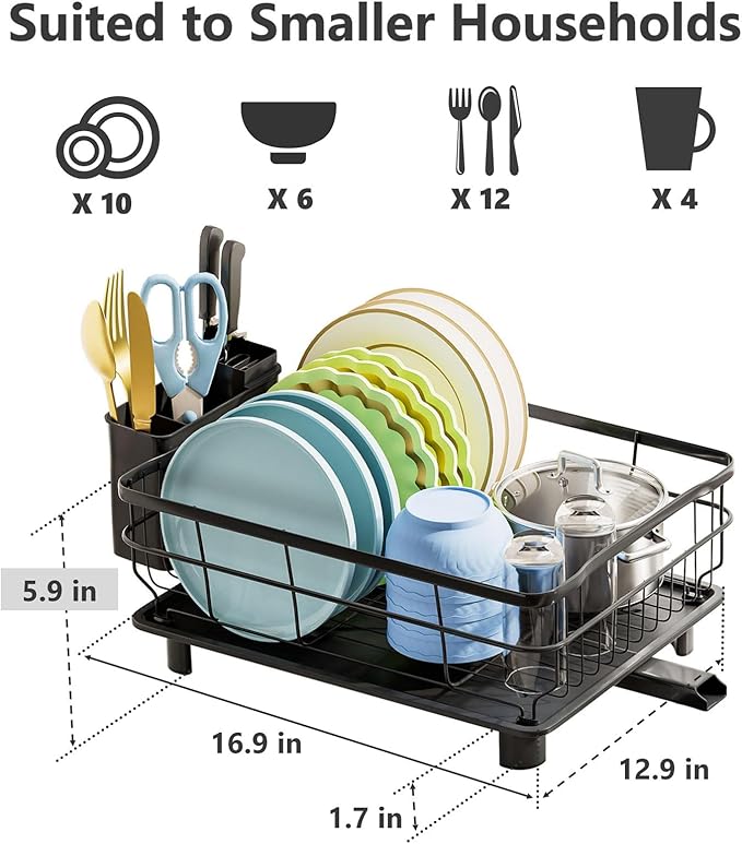 AIDERLY Iron Dish Drying Rack Auto Drain Dish Drainers Kitchen Counter Strainer with Draining Tray, All Black