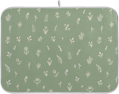 Sage Green Dish Drying Mat Quick Absorbent 16x18 Doodled Botany Flowers Leaves Herbs Plants Kitchen Drying Mat for Countertop Sink Reusable Dishes Mats Kitchen Essentials