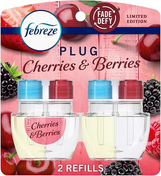 Febrezee Plug In Refills New Edition Plug In for Odor-Fighting Fade Defy PLUG Air Freshener, (2) Count of 0.87 fl oz Refills (Cherries & Berries)