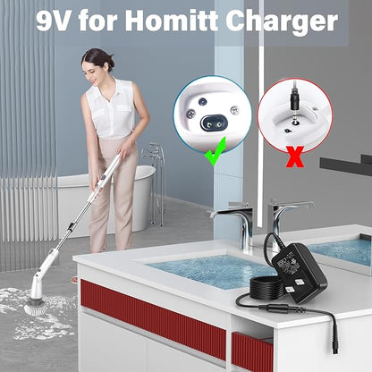 9V Scrubber Charger Fit for Homitt HM115C Electric Spin Scrubber, Power Cord AC Adapter for Homitt Cordless Bathroom Scrubber HM204C HM115CD HM115CG HM115CW Cleaning Brush, 2 Prong Charging Plug Cable