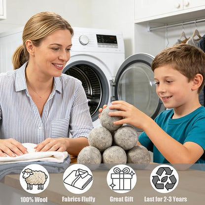 Wool Dryer Balls 6 Pack XL, Genuine New Zealand Wool to Core, 100% Organic Fabric Softener Alternative, Baby Safe & Chemical Free, Reduce Wrinkles & Shorten Drying Time (Grey-6pcs)
