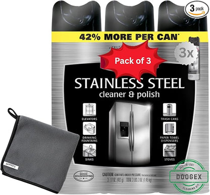 Quick Shine Stainless Steel Cleaner & Polish Spray, 17 oz (Pack of 3) with Microfiber Cloth – Streak-Free Shine for Kitchen & Home Appliances