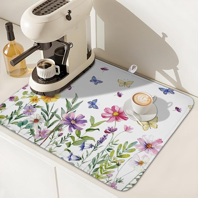 Wildflower Dish Drying Mat for Kitchen 18x16 Inch Colorful Floral Butterfly Drying Mat with Absorbent Reversible Microfiber Season Spring Dish Drainer Mats Rack Pad for Coffee Countertop Protector
