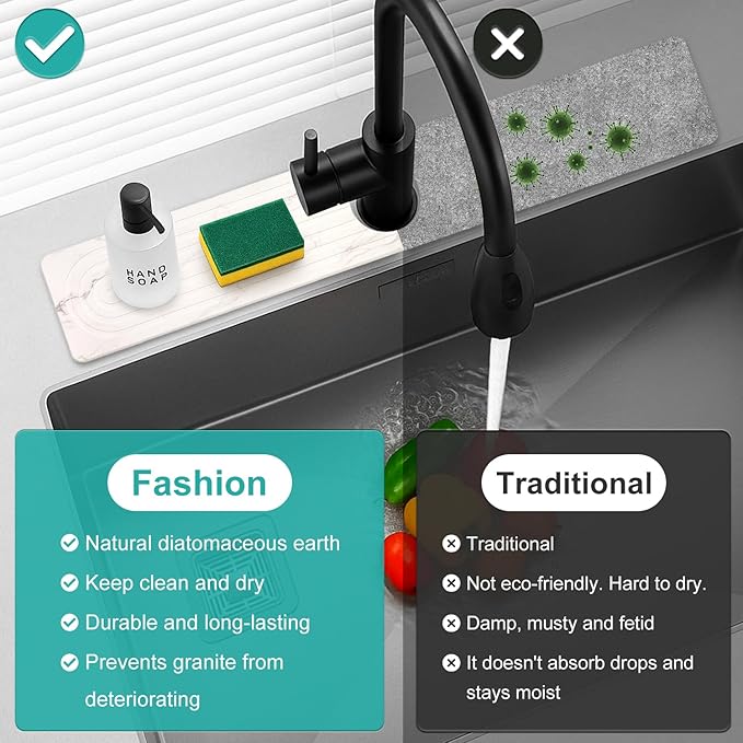 Drying Stone Faucet Mat for Kitchen Sink Trays Diatomite Quick Dry Around Faucet Mats Absorbent Drying Mat for Kitchen Counter Water Absorbing Stone Tray for Bathroom Sink Protector Splash Guard