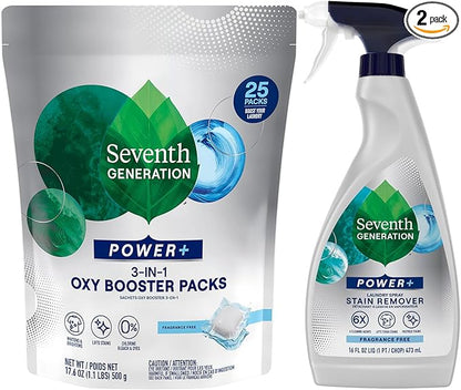 Seventh Generation Stain Remover Bundle – Power+ Laundry Spray + 3-in-1 Oxy Booster Packs, Plant-Based Formulas, Fragrance-Free (2 Piece Set)