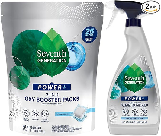 Seventh Generation Stain Remover Bundle – Power+ Laundry Spray + 3-in-1 Oxy Booster Packs, Plant-Based Formulas, Fragrance-Free (2 Piece Set)