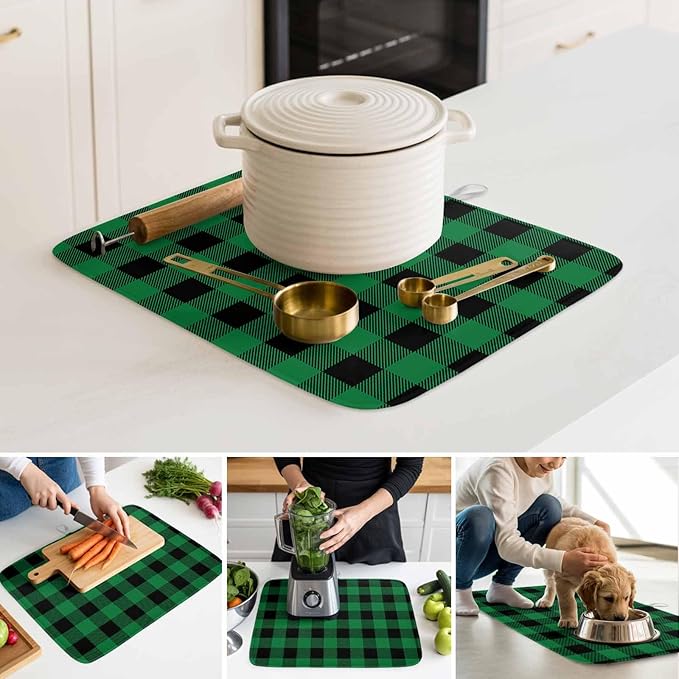 Dish Drying Mat Green Black Check Plaid Drying Mats for Kitchen Counter Farmhouse Style Absorbent Microfiber Dish Drainer Quick Drying Coffee Mat with Hanging Loop, 18 x24 inch