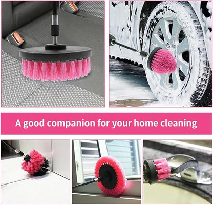 8 Pcs Drill Brush Attachment Set, Power Cleaning Scrub Brush Kit with Extend Long Attachment, All Purpose Drill Scrub Brushes for Car, Grout, Floor, Tub, Bathroom and Kitchen (Pink)