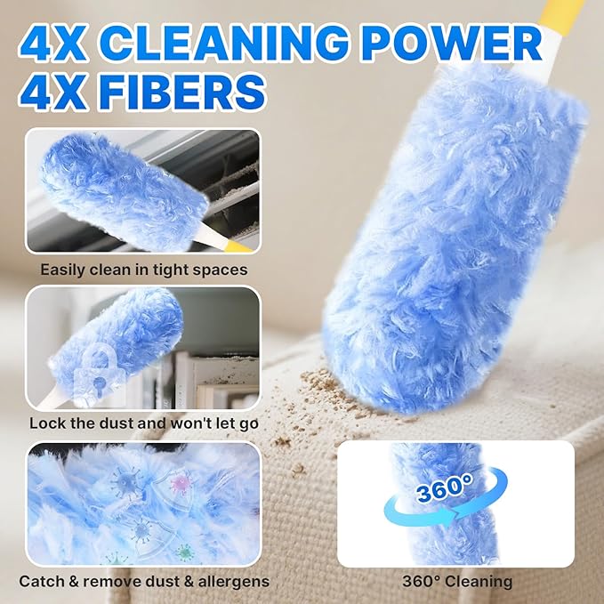 Duster Refill for Swiffer Duster, 50 Count Disposable Dusters Kit for Cleaning Dusting Furniture Blind Ceiling Fan, Multi Surface 360 Feather Duster + 3FT Extended Handle + Short Handle