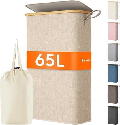 Lifewit 65L Slim Laundry Hamper with Lid, Narrow Laundry Basket with Removable Bag & Bamboo Handles, Fodable Thin Dirty Clothes Hamper for Laundry Collapsible Bin for Bathroom Bedroom Dorm, Beige