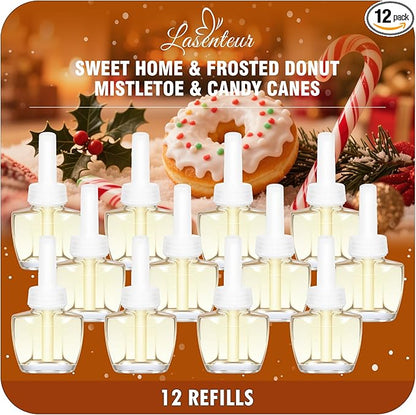 Plug-In Air Freshener Refills 12 Pack – Sweet Home, Frosted Donut, Mistletoe & Candy Canes Scents – for Home & Bathrooms – Compatible with Air Wick & Glade, Not Include Glade Plus