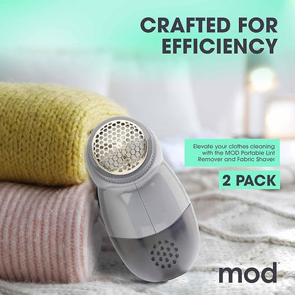 MOD 2 Pack Portable Fabric Shaver and Lint Remover, Reusable Pet Hair Remover, Roller for Clothes, Sweater Shaver, Couch, Blankets with Detachable Lint Collector Tank, Battery Operated, White/Gray