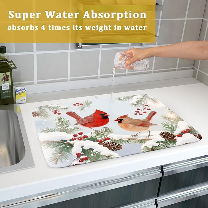 Winter Cardinal Bird Dish Drying Mat for Kitchen Counter 18x24 Christmas Snow Scene Theme Seasonal Absorbent Reversible Microfiber Drying Mats Kitchen Countertop Protector Dishes Drainer Pad