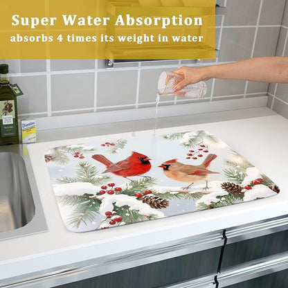 Winter Cardinal Bird Dish Drying Mat for Kitchen Counter 18x24 Christmas Snow Scene Theme Seasonal Absorbent Reversible Microfiber Drying Mats Kitchen Countertop Protector Dishes Drainer Pad