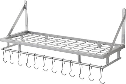 KES 30-Inch Silver Gray Pot Rack, Wall Mounted Hanging Pot and Pan Organizer with 12 Sturdy Hooks, Kitchen Wall Hanger Shelves Modern, KUR215S75A-SG