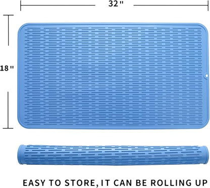 MicoYang Silicone Dish Drying Mat for Multiple Usage,Easy clean,Eco-friendly,Heat-resistant Silicone Mat for Kitchen Counter or Sink,Refrigerator or Drawer Liner Lichen BlueL 4XL 32 inches x 18 inches