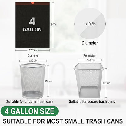 200 Counts 4 Gallon Trash Bag Drawstring Small Trash Bags, Thick Pre-separated Garbage Bags, Trash Bin Liners, Suitable for bathroom, kitchen, bedroom, office (Black)