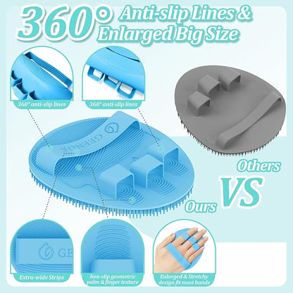 Soft Silicone Back Scrubber & Bath Glove 2PCS, 16''- 24'' Extendable Shower Scrubber with Dual-Side Head, 360° Anti-Slip & Hand-fit Silicone Body Scrubber for Rich Foaming Deep Cleaning(Blue)