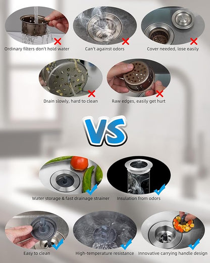 Hibbent Upgraded 2 Pack 3 in 1 Kitchen Sink Drain Strainer and Stopper Combo, Stainless Steel Metal Pop Up Sink Stopper, Anti-Clogging Basket with Foldable Handle for US Standard 3-1/2 Inch Drain