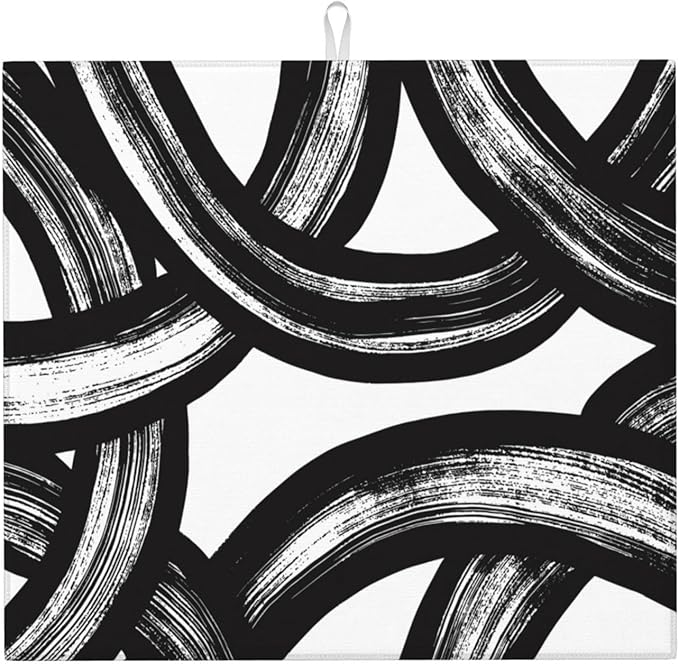 Black and White Abstract Curved Dish Drying Mats, Absorbent Microfiber Modern Drying Pad for Kitchen Counter, Washable Reversible Foldable, 16 x 18 Inch for Dishes, Sink, Utensils, Home Decor, Black