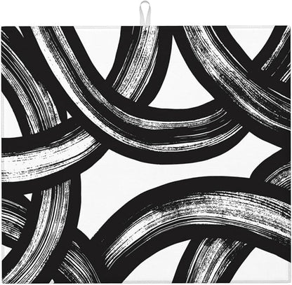 Black and White Abstract Curved Dish Drying Mats, Absorbent Microfiber Modern Drying Pad for Kitchen Counter, Washable Reversible Foldable, 16 x 18 Inch for Dishes, Sink, Utensils, Home Decor, Black