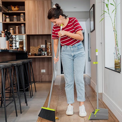 Broom and Dustpan Set with Long Handle 52", Standing Broom and Dust Pan Set for Home Kitchen Room Office Lobby Green
