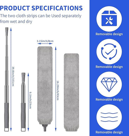 Retractable Gap Dust Cleaner, Extendable Gap Duster with 4 Microfiber Dusting Cloths Long, Under Appliances Cleaning Tools with Extendable Pole,Under Refrigerator, Furniture, High Ceiling