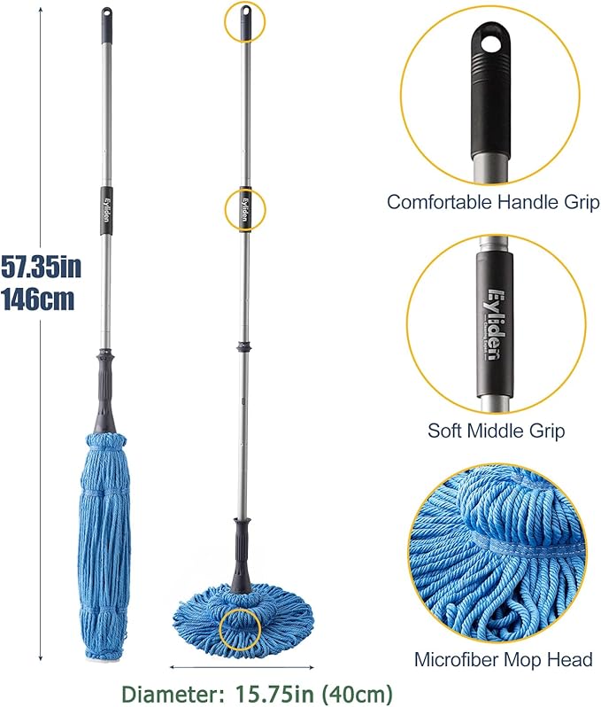 Eyliden Mop with 2 Reusable Microfiber Heads, Easy Wringing Twist Mop, 57.5 inch Long Handle, Wet Mops for Floor Cleaning, Commercial Household Clean Hardwood, Vinyl, Tile, and More (Blue)