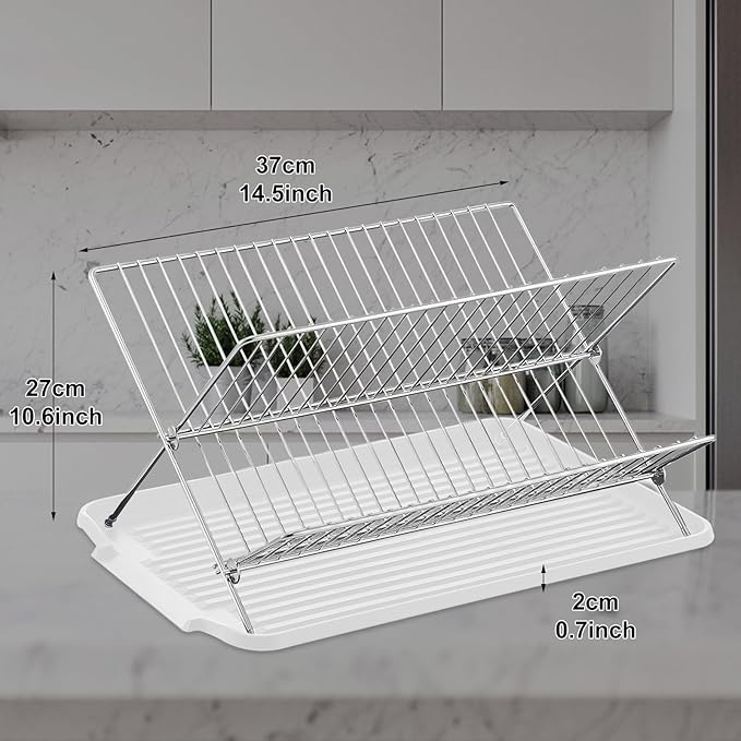 Foldable Dish Drainer, 2-Tier Stainless Steel Dish Drying Rack With Drip Tray and 5 Silicone Buckles, 13.3×10.6"Foldable Dish Drainer for Kitchen Sink, Countertop, Cutlery, Plates, and Dishes (White)