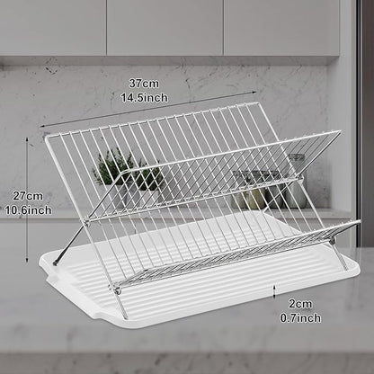 Foldable Dish Drainer, 2-Tier Stainless Steel Dish Drying Rack With Drip Tray and 5 Silicone Buckles, 13.3×10.6"Foldable Dish Drainer for Kitchen Sink, Countertop, Cutlery, Plates, and Dishes (White)