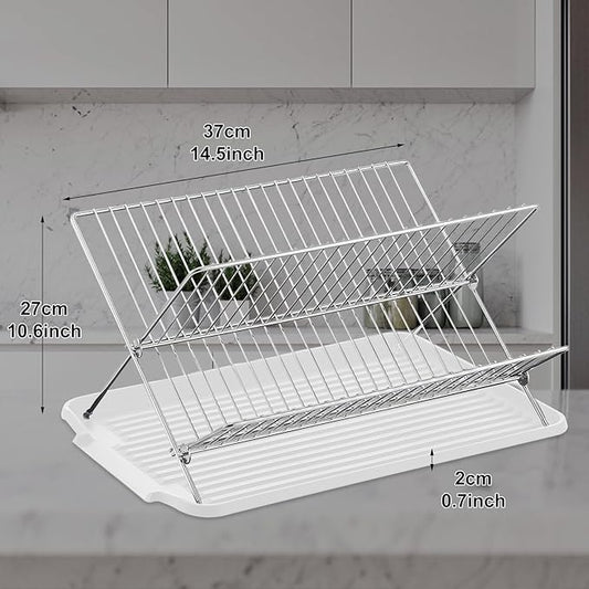 Foldable Dish Drainer, 2-Tier Stainless Steel Dish Drying Rack With Drip Tray and 5 Silicone Buckles, 13.3×10.6"Foldable Dish Drainer for Kitchen Sink, Countertop, Cutlery, Plates, and Dishes (White)