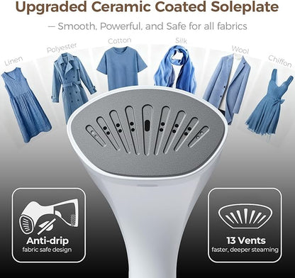 Steamer for Clothes, 20S Heat Up, 1500W & 3 Steam Settings, Ceramic Soleplate with 13-Vent, 2-in-1 Clothing Iron Wrinkle Removal for All Fabrics, Portable & Travel-Ready