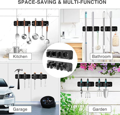 homeasy Wall Mount Mop and Broom Holder, Heavy Duty Stainless Steel Organizer Rack with Hooks | 4-Pack, 2-in-1 No Drill & Screw Installation, Black