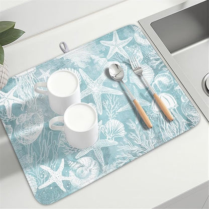 Summer Sea Shell Drying Mat 24x18 Inch, Teal Starfish Drying Mat with Absorbent Reversible Microfiber, Coastal Dish Drainer Mats Holiday Ocean Rack Pad for Coffee Countertop Kitchen Protector