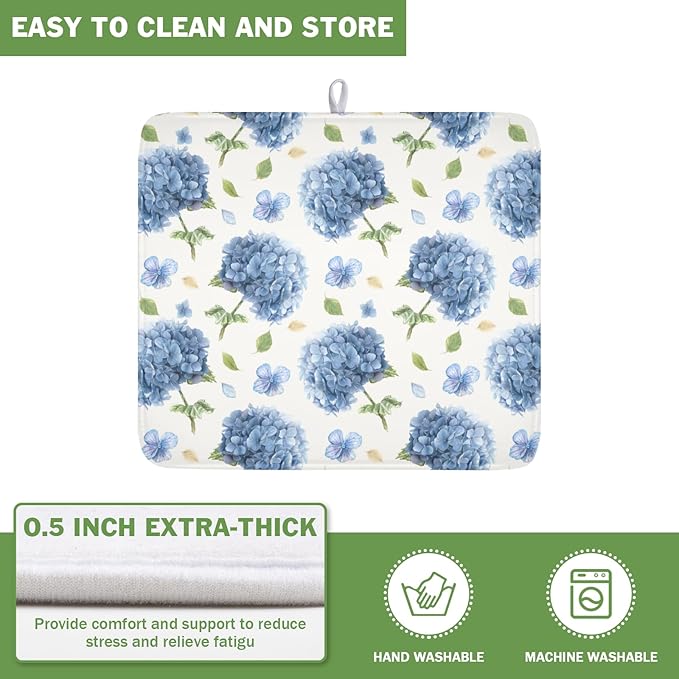 Spring Summer Hydrangea Dish Drying Mat for Kitchen Counter 16 x 18 Inch Blue Floral Dish Drainer Mat Absorbent Microfiber Dish Rack Pad for Holiday Coffee Dining Bar Decor