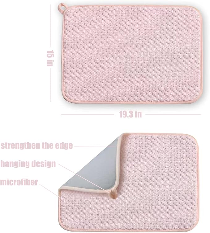 Pink Dish Drying Mats for Kitchen Counter, 2 Pack Dish Drying Mat Drying Pad, Dish Rack Drainer Mat, Kitchen Mat (Pink)