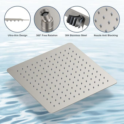 Brushed Nickel Shower System with Tub Spout, Ceiling Mounted Bathtub Shower Faucet Set, 12" Rainfall Shower Head and Handheld Shower Combo, High Pressure Shower Fixtures Set with Rough-in Valve