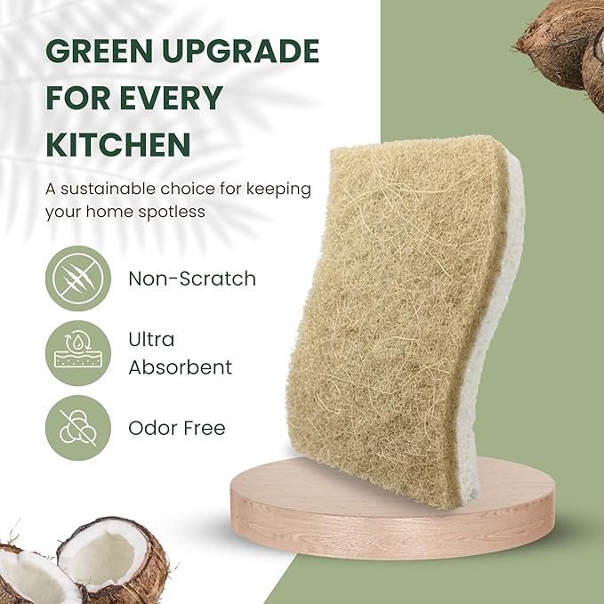 12 Pack Non-Scratch & Odor-Free Eco Sponges – Natural Biodegradable Cellulose & Coconut Fiber Kitchen Scrubbers – Compostable, Zero Waste Sponges for Dishwashing & Cleaning