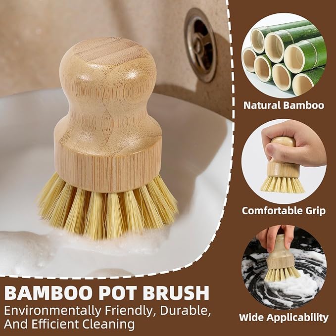SAMEBUETCO 6-Piece Bamboo Dish Brush Set with 2 Stainless Steel Drying Racks, 3 Mixed Fiber Pot Brushes & 1 Sisal Bristle Brush for Dishes, Pots, Pans, Vegetables & Kitchen Cleaning