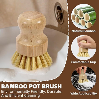 SAMEBUETCO 6-Piece Bamboo Dish Brush Set with 2 Stainless Steel Drying Racks, 3 Mixed Fiber Pot Brushes & 1 Sisal Bristle Brush for Dishes, Pots, Pans, Vegetables & Kitchen Cleaning