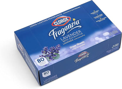 Clorox Fraganzia Fabric Softener Dryer Sheets, Wrinkle Reducing and Anti Static Laundry Dryer Sheets for Great Smelling Clothes, Softens Fabrics, Lavender with Eucalyptus Scent, 80 Count
