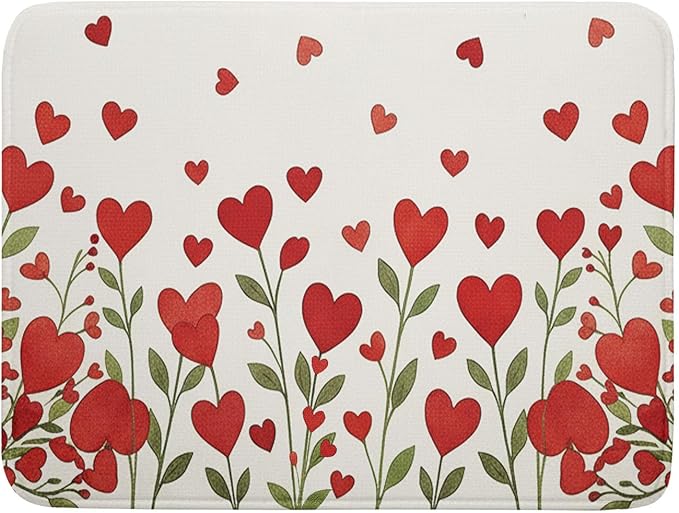 Valentine's Day Dish Drying Mat 18 x 24 Inch With Absorbent Reversible Microfiber Valentine Red Hearts Leaf Drying Anniversary Wedding Dish Drainer Mat Fast Dry For Kitchen Dining Room Decor