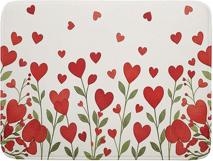 Valentine's Day Dish Drying Mat 18 x 24 Inch With Absorbent Reversible Microfiber Valentine Red Hearts Leaf Drying Anniversary Wedding Dish Drainer Mat Fast Dry For Kitchen Dining Room Decor